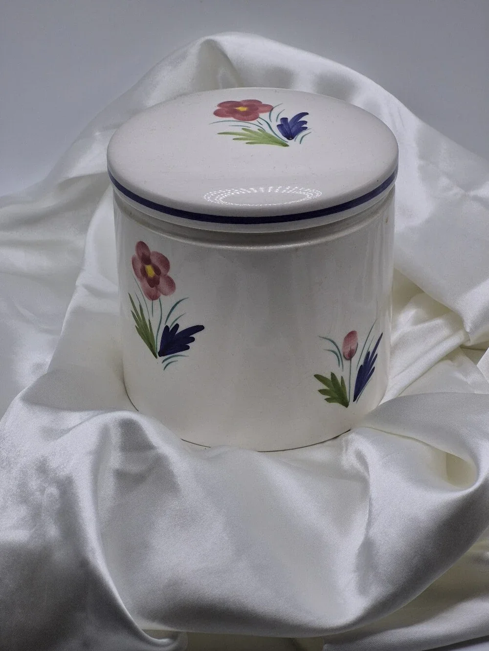 PIER ONE Hand-Painted Floral Ceramic Canister - White with Pink & Blue Flowers